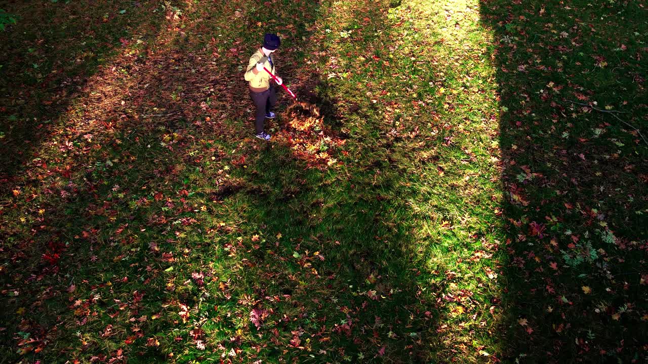 High angel in saturation of raking leaves
