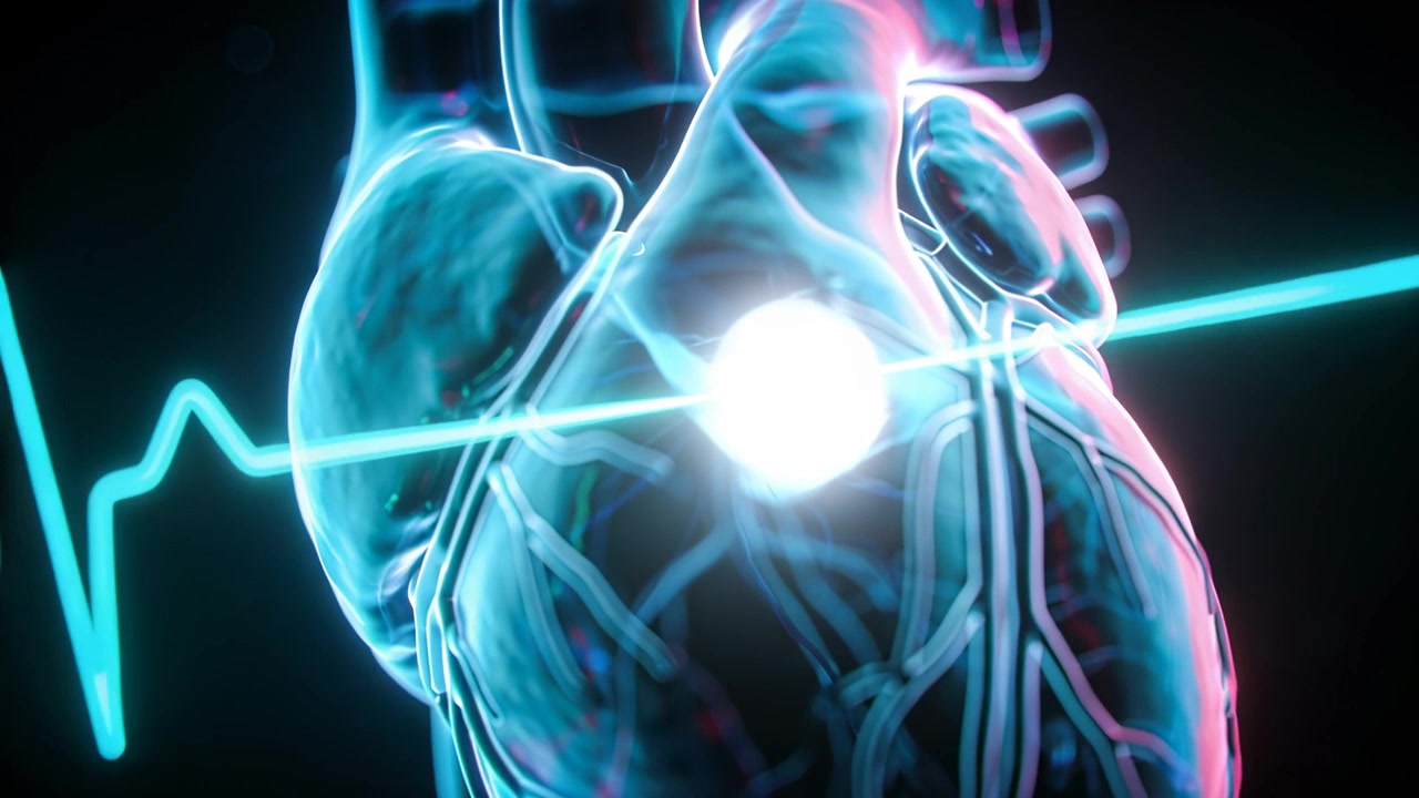 Cuore 3D ECG al neon pulsante che ruota, ingrandendo in un laboratorio VR, con una sfera che si illumina avviando una visualizzazione coronarica