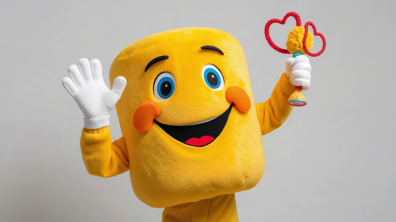Mascotte gialla che saluta agitando una bacchetta a forma di cuore, che si rivolge alla fotocamera e indossa guanti bianchi in studio