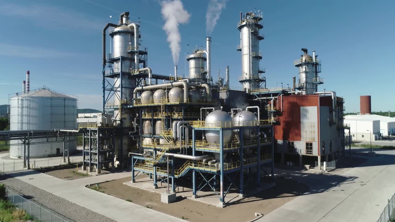 Flying drone approaching central process unit at industrial plant, revealing pipes, emitting steam