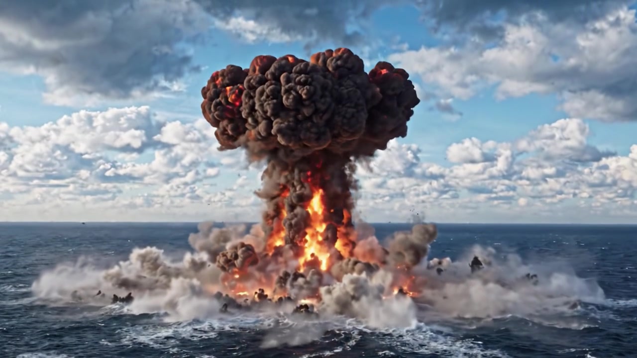 Dramatisk sekvens av en undervannseksplosjon fanget i to fantastiske bilder som viser voldsomheten av marine detonasjoner under en strålende himmel