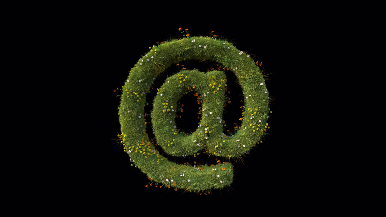 Simbolo chiocciola (@) che si forma da erba e fiori su sfondo nero