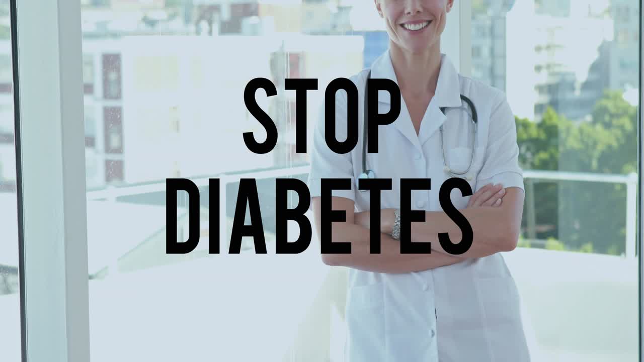 Animazione del testo 'stop al diabete' su una dottoressa caucasica sorridente.