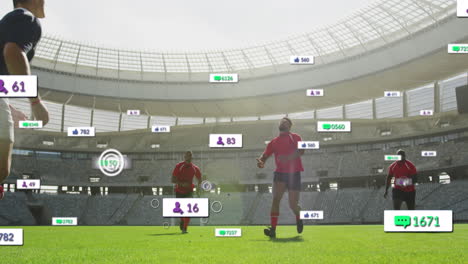 animación de múltiples barras de notificación sobre diversos jugadores de rugby que corren hacia la pelota