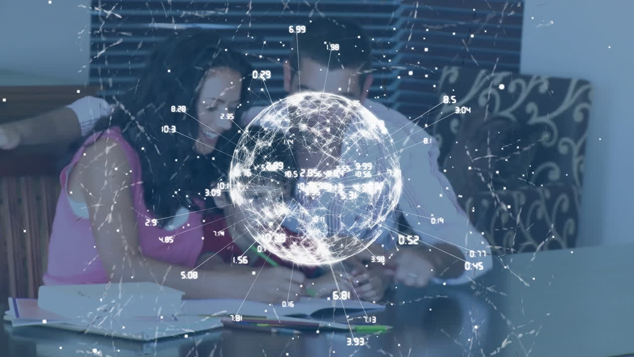 테이블에서 태블릿을 사용하는 커플에 대한 디지털 글로브 및 데이터 포인트 애니메이션