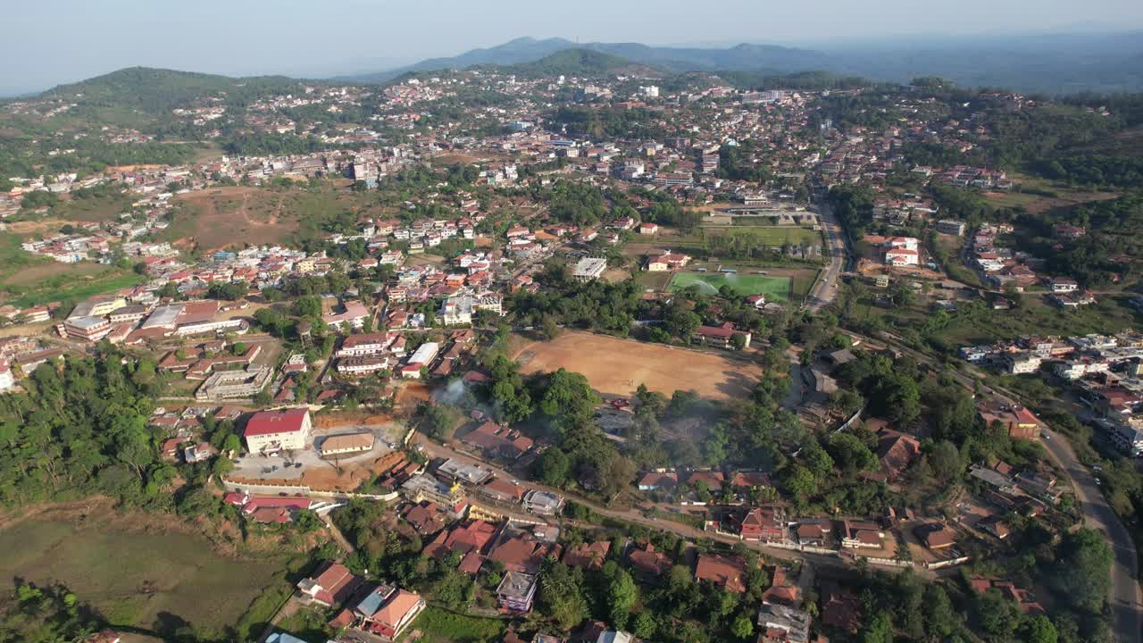 Field Marshal K M Cariappa College ground in a aerial view located at Madikeri, Coorg, Kodagu, Karnataka, India