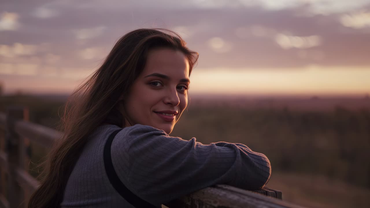 Mujer apoyada en una barandilla de madera contemplando la puesta de sol, atrayendo miradas, con una sudadera gris y la correa de un bolso
