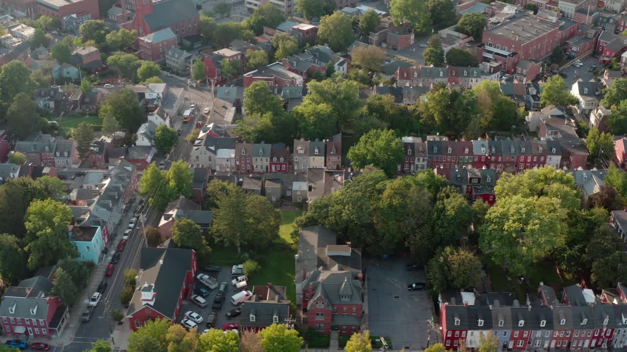 Aerial truck shot of American city during summer