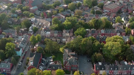 aerial truck shot of american city during summer