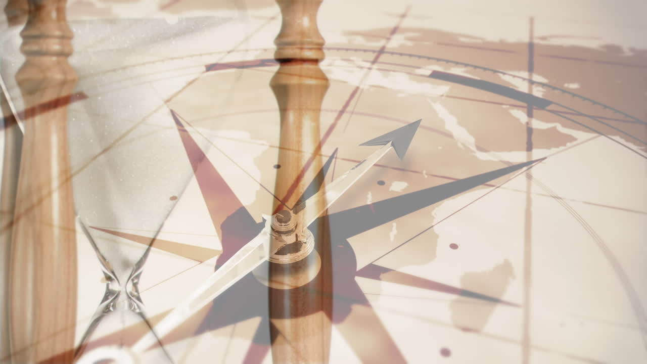 빈티지 세계 지도 위에서 회전하는 모래시계와 나침반의 애니메이션