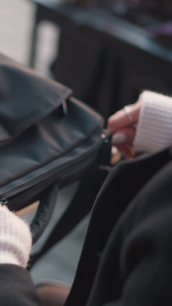 vista trasera de cerca de una dama con dedos adornados con anillos y uñas pulidas abriendo una bolsa negra, revelando una computadora portátil en el interior, colocada en una mesa de madera en un entorno al aire libre