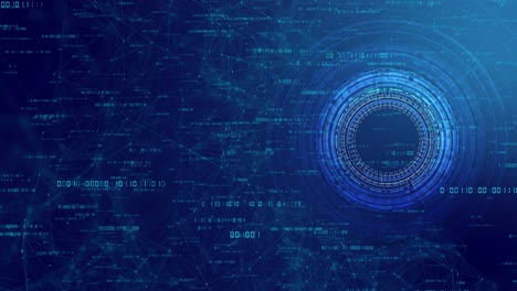 digital hud circular interface surrounded by binary code interconnected plexus nodes vibrant blue