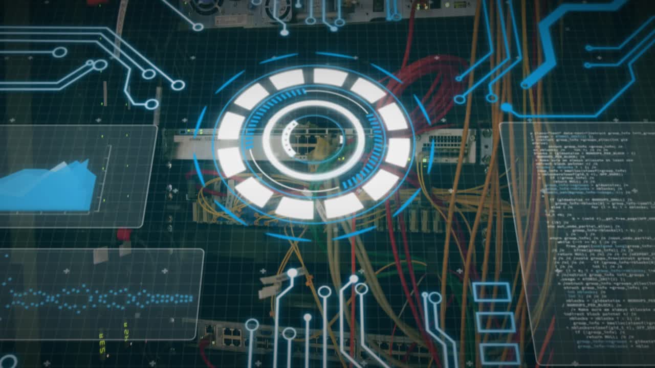 Animation of scope scanning and data processing over cables in computer server