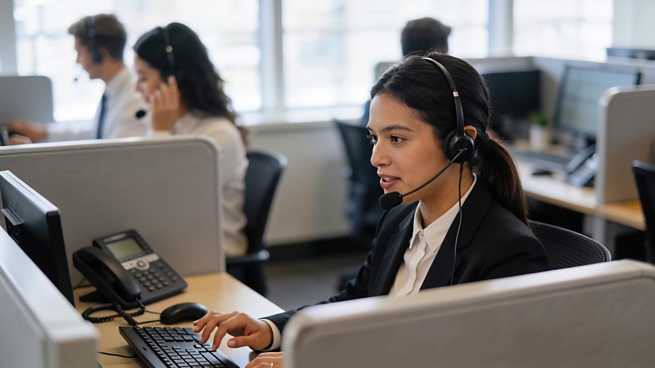 Operatore di call center in blazer e camicetta che riceve una chiamata in arrivo, parla in cuffia e inserisce dati