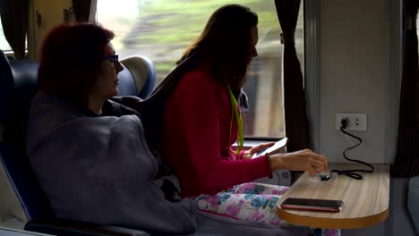 women are sitting on the train. the girl switches on the phone for charging