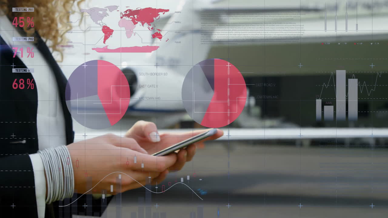Businesswoman holding smartphone by private jet, displaying finance graphs and world map overlays