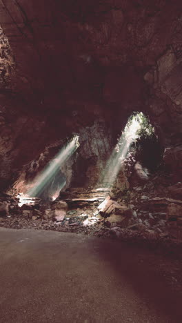 sunbeams shining through a cave entrance