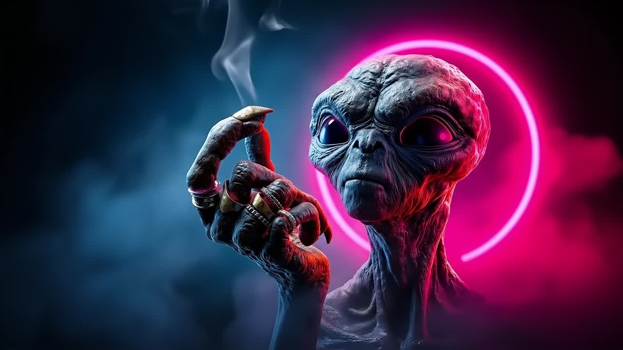 An alien holding a cigarette in his hand