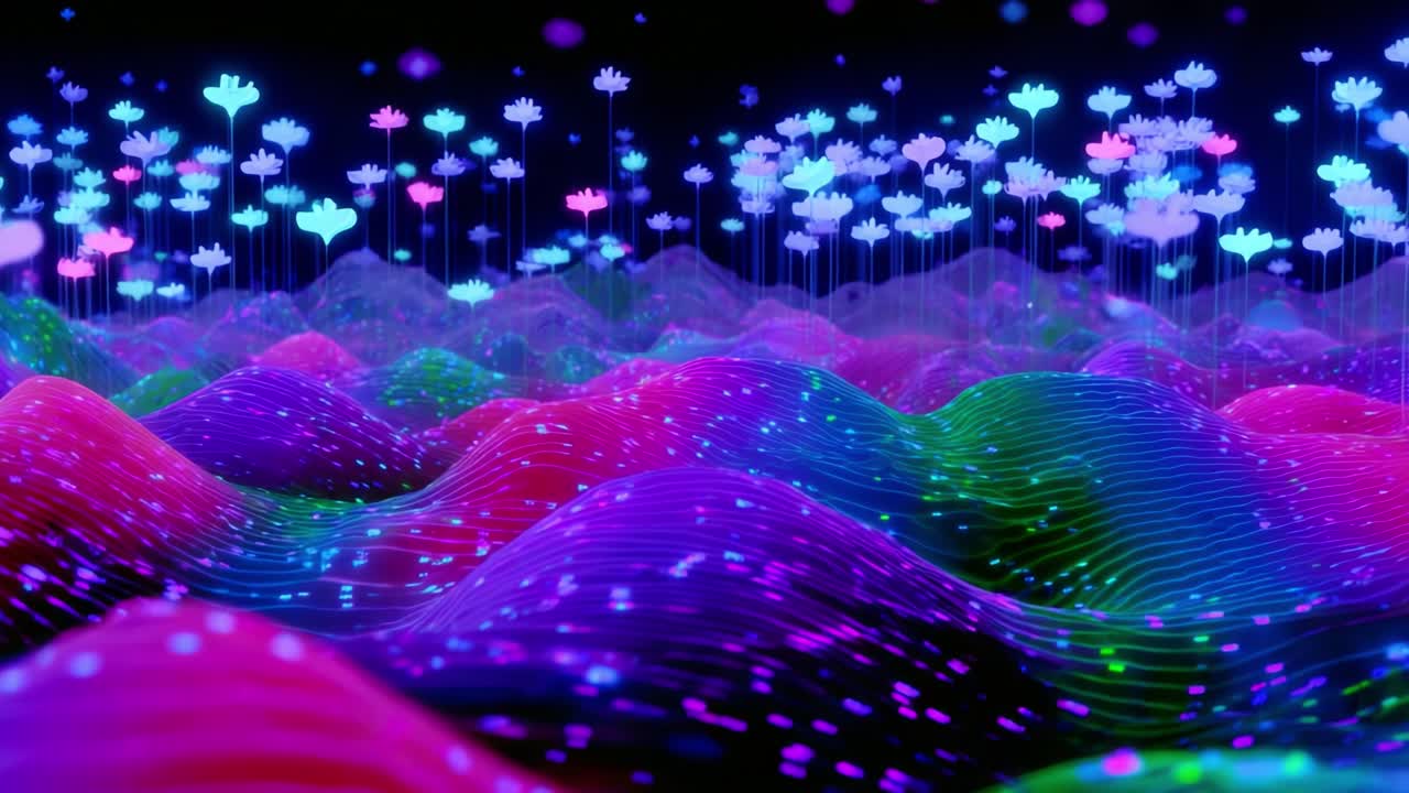 A Vibrant Digital Landscape of Flowing Waves and Floating Flowers Illuminated by Colorful Lights, Enhancing the Beauty of Abstract Art Through Vivid Textures and Glowing Effects in a Surreal Environment