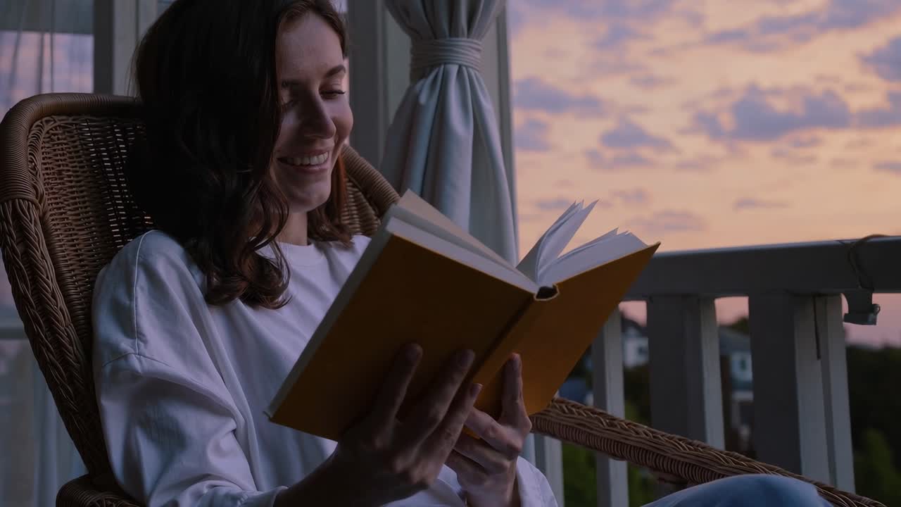 mujer relajada disfrutando de leer un libro mientras está sentada en una silla de balanceo en el balcón de su casa durante una puesta de sol vibrante con un cielo colorido que brilla suavemente