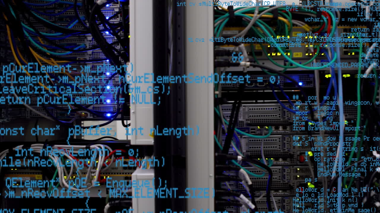 Animation of data processing over close up of computer server
