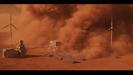 a dust storm engulfs a martian habitation module surrounded by wind turbines and solar panels, highlighting the challenges of life on mars