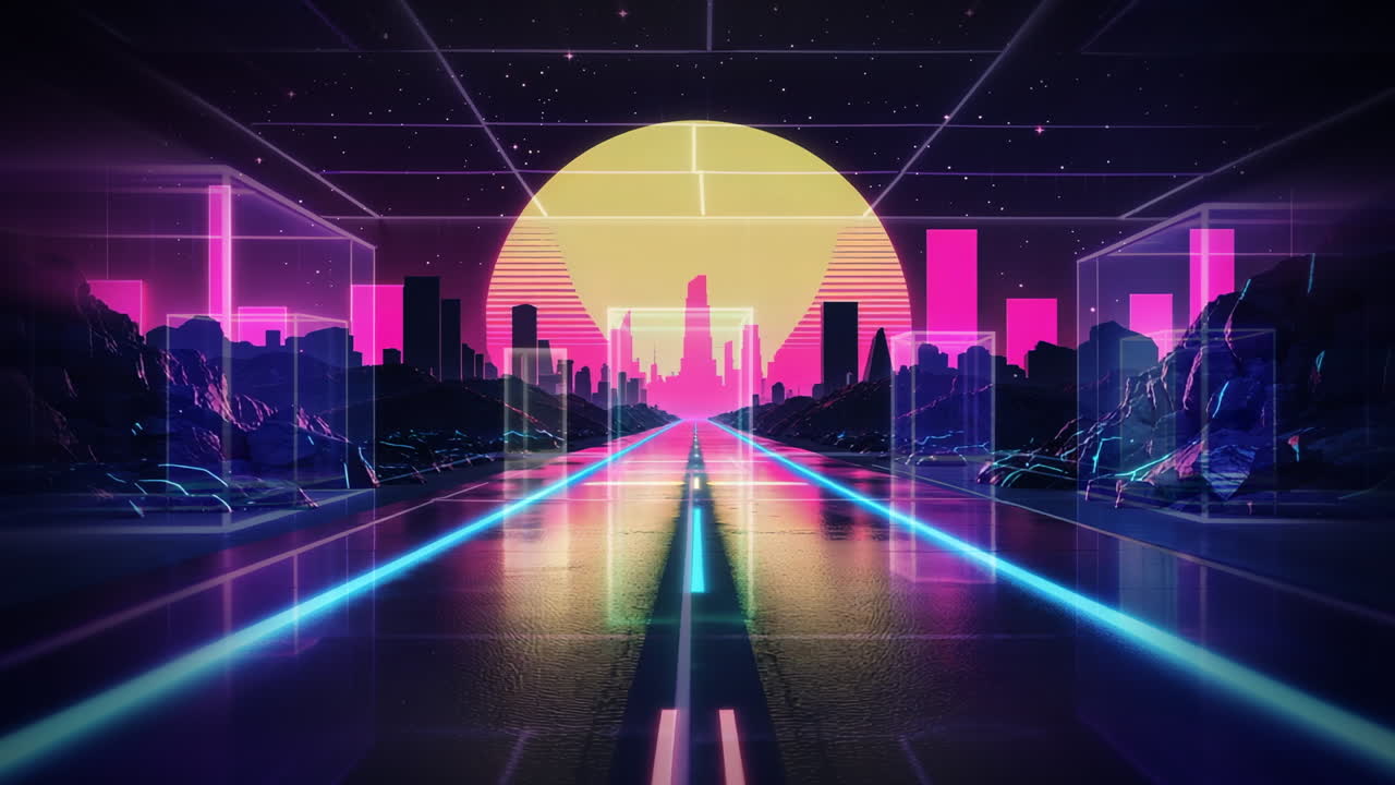 Synthwave Cityscape with Neon Road and Retro Grid
