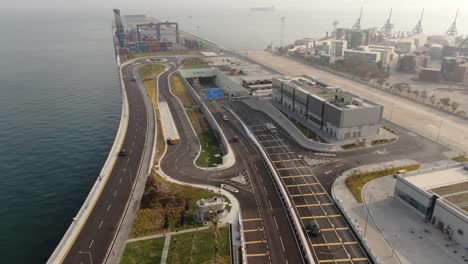 Hong-Kong-Underwater-Tunnel-linking-Chek-Lap-Kok-airport-and-Tuen-Mun,-Aerial-view