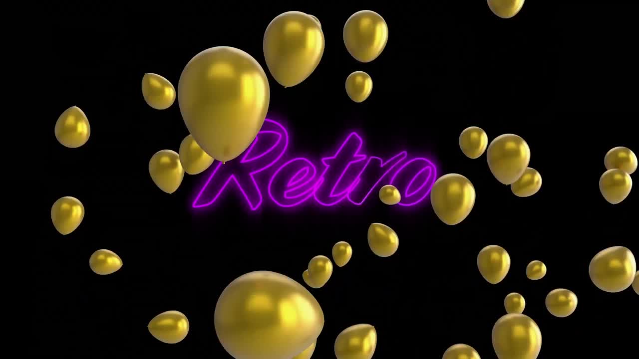 varios globos blancos flotando sobre un cartel de texto retro púrpura de neón contra un fondo negro