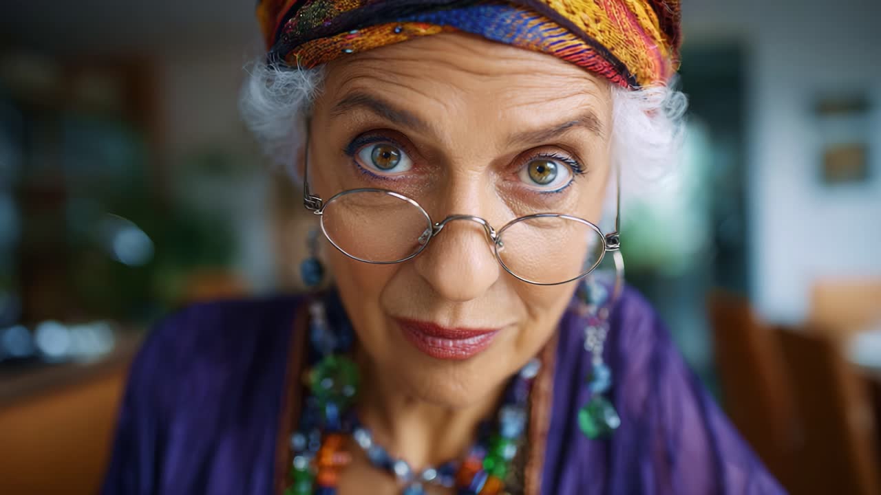 Un personaggio intrigante: una donna riflessiva con gioielli colorati e un vivace foulard pensa alla vita in due accattivanti fotogrammi di un video