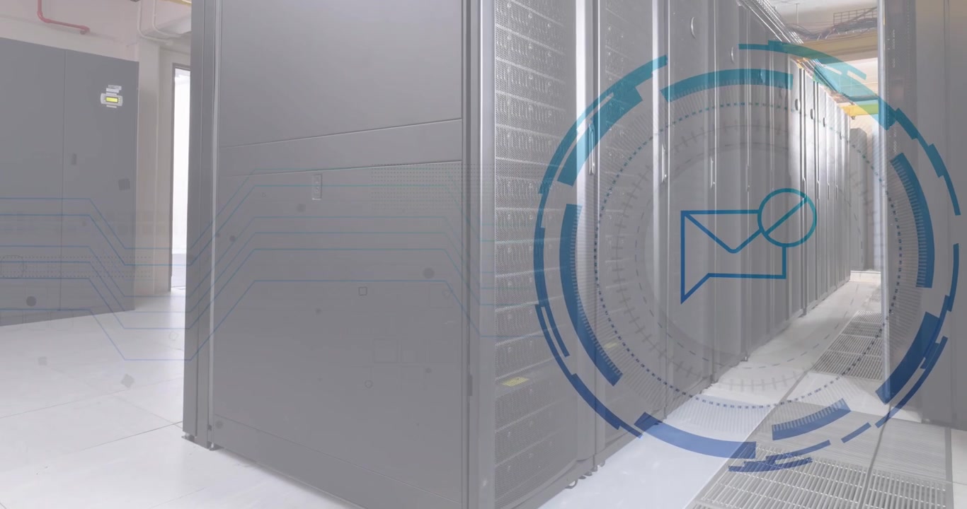 Animation of envelope and stop symbol over data server racks in server room