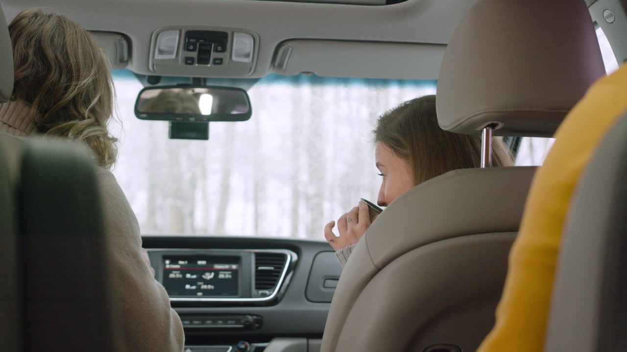 вид сзади на трех друзей, пьющих горячий чай, сидя в машине в зимний день