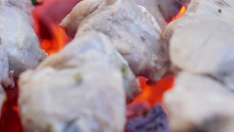 closeup establishing of glowing red coals with meat sizzling during outdoor barbecue evening, tracking left