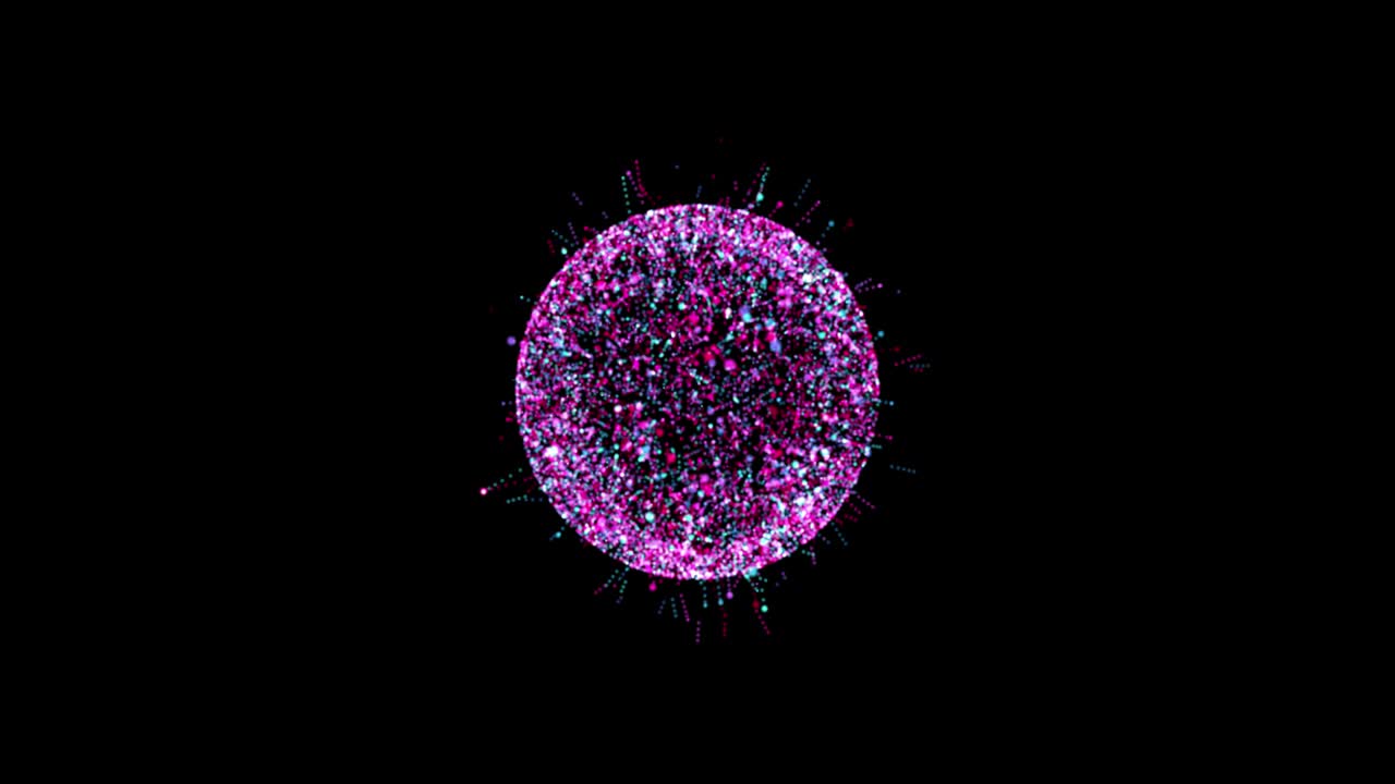 Sfondo astratto tecnologico a sfera viola composto da linee e punti animati, particelle