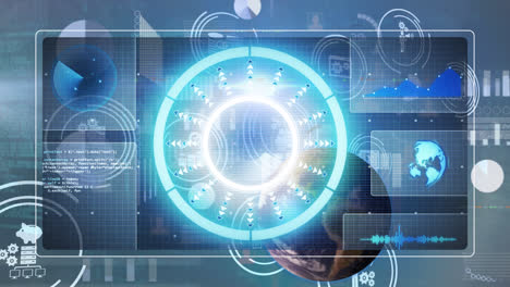 Animation-of-profile-icon-with-globe,-programming-data-and-infographic-interface-with-scanning