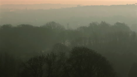 Aerial-Drone-Shot-at-Hazy-Sunrise-with-Long-Lens-of-Trees-on-Misty-Morning