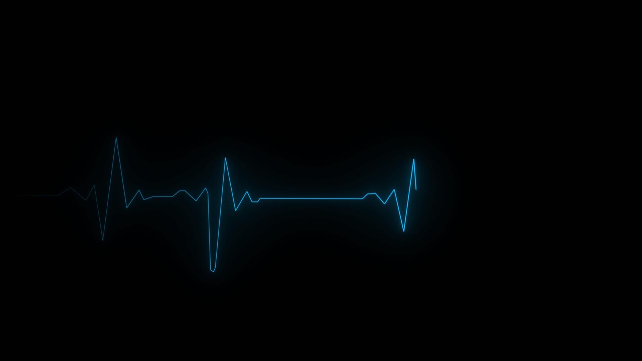 Blue EKG heartbeat line with multiple pulses moves across black screen. For medical drama, hospital scenes, or health concepts