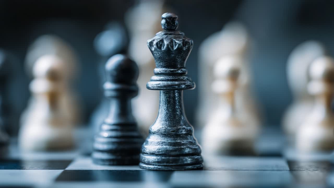 A Strategic Game of Chess: A Close-Up on the Hand of a Player Making a Move with the King Piece Surrounded by Pawns and Other Chess Pieces