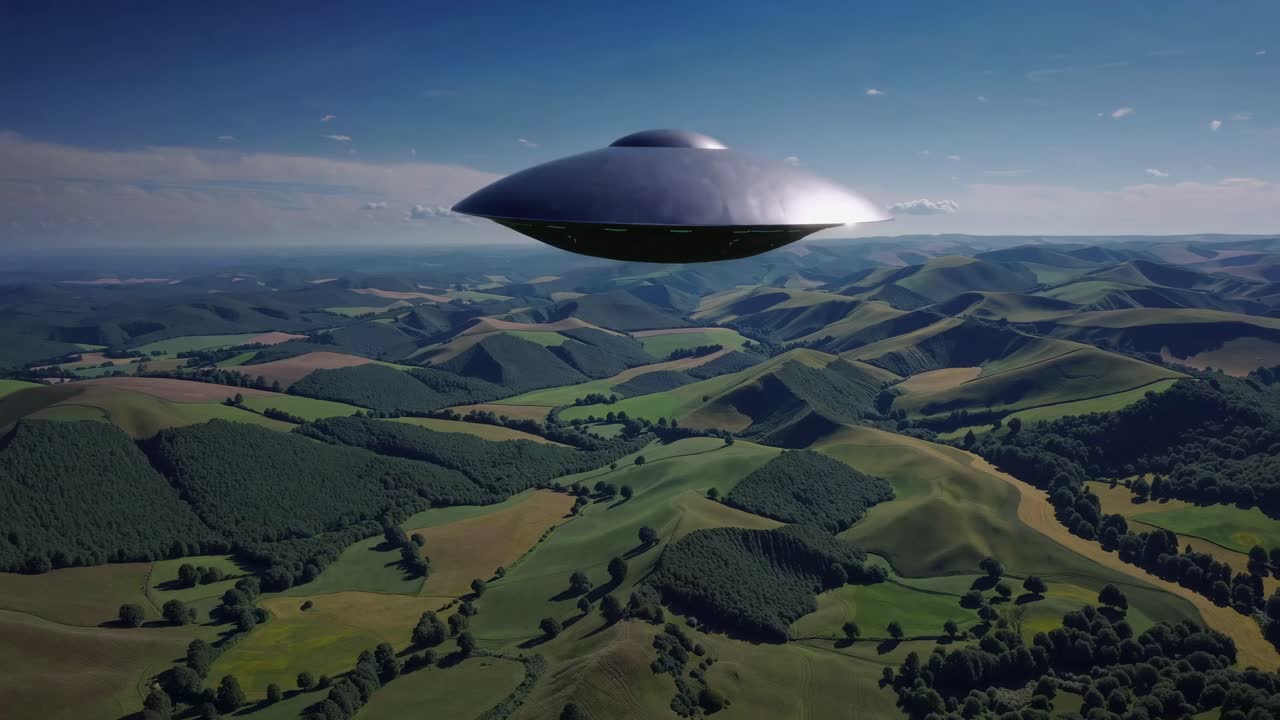 Aerial view of a UFO hovering over rolling hills under a clear sky