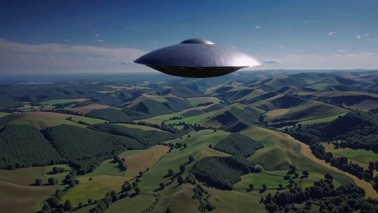 Aerial view of a UFO hovering over rolling hills under a clear sky