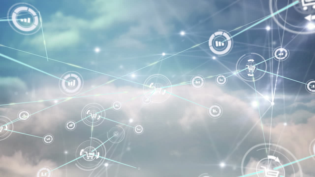 하늘 위의 아이콘으로 연결 네트워크의 애니메이션