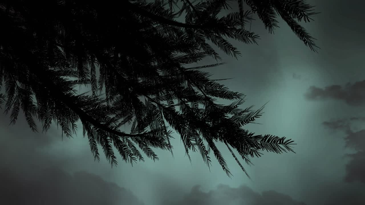 silueta de ramas con hojas y relámpagos