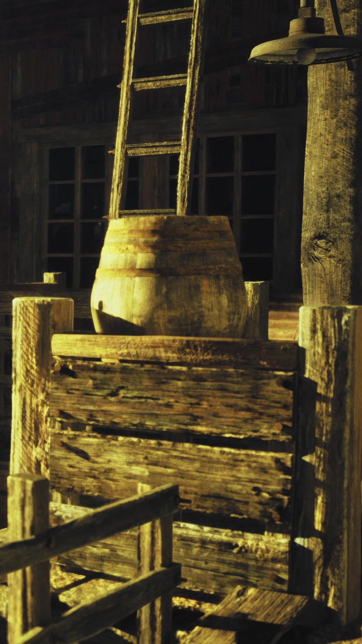Vecchie strutture in legno con una botte e una scala in un ambiente rustico