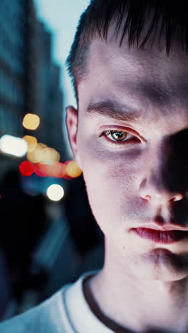 close-up of a man in the city at night
