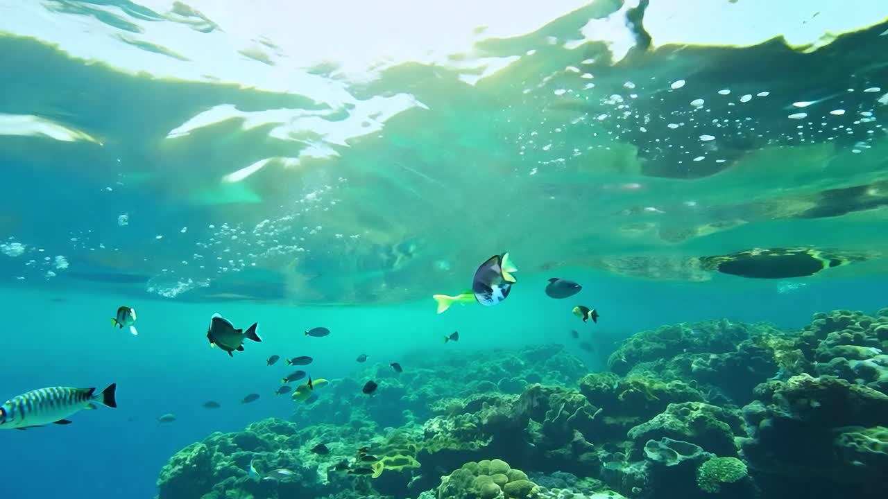 peces tropicales coloridos nadando por encima de un arrecife de coral