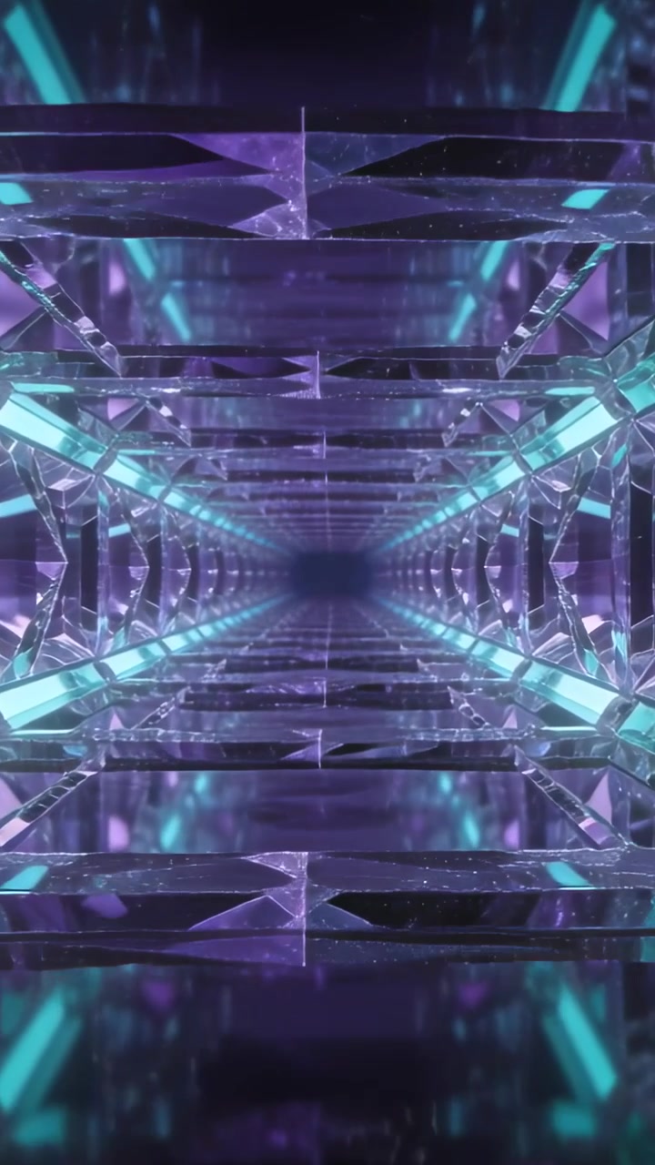 Video verticale: Strisce pulsanti color verde acqua che spingono un corridoio di cristallo, avanzando in CGI e mostrando profondità