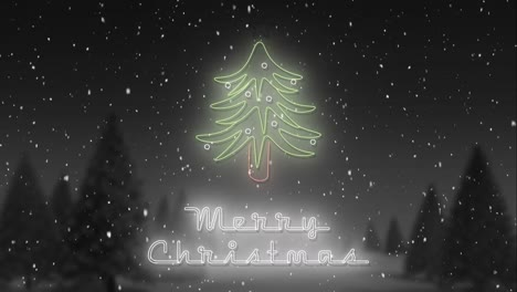 Animación-Del-Texto-De-Feliz-Navidad-Sobre-El-árbol-De-Navidad-Y-La-Nieve-Cayendo