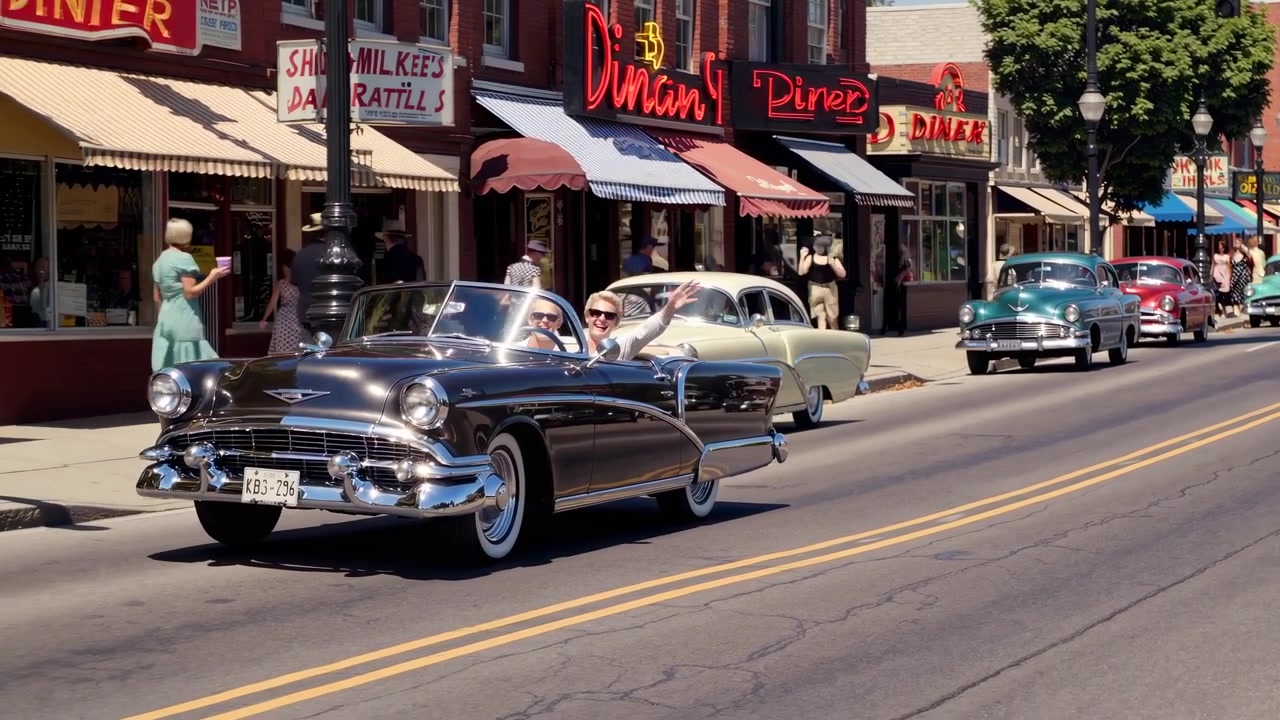 Oldtimer-Parade auf einer Retro-Stadtstraße der 1950er Jahre