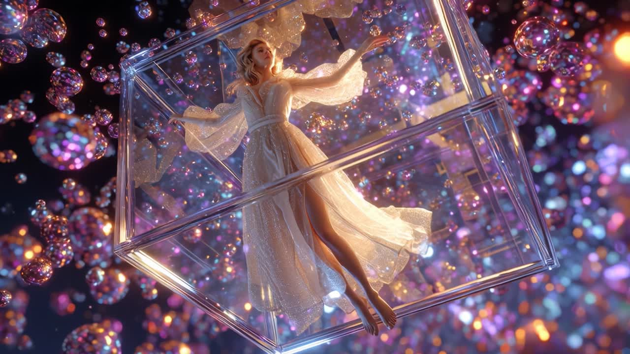 Ethereal Woman in Glass Cube Surrounded by Bubbles