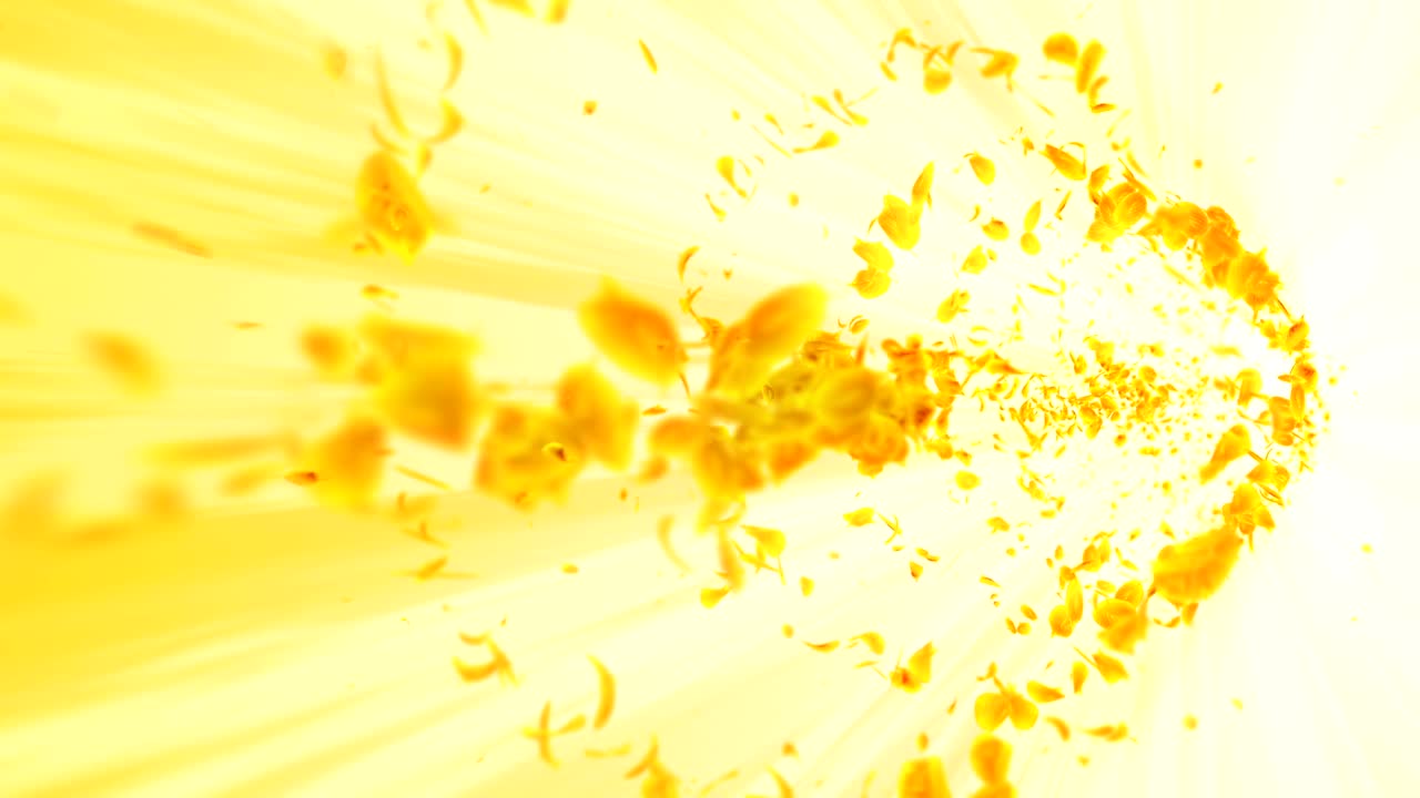 노란 잎의 소용돌이, 계절 잎의 나선형 반이는 입자, 춤추는 잎, 다채로운 자연 터널 루프 애니메이션.